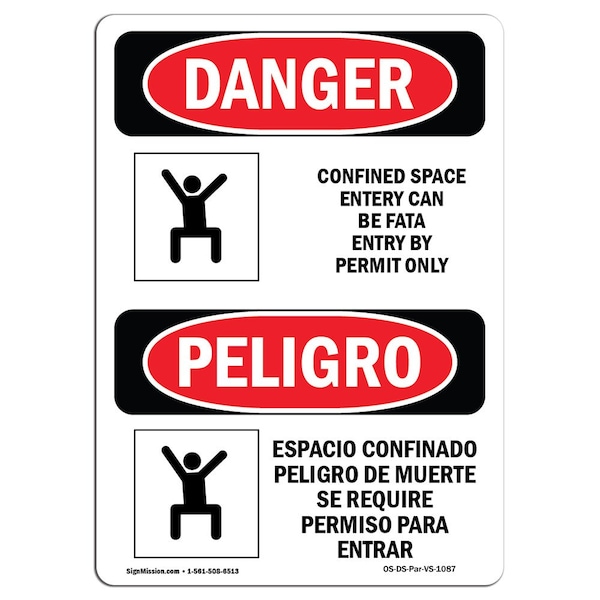 OSHA, Confined Space Entry Can Fatal Bilingual, 18in X 12in Rigid Plastic, 12" W, 18" H, Spanish